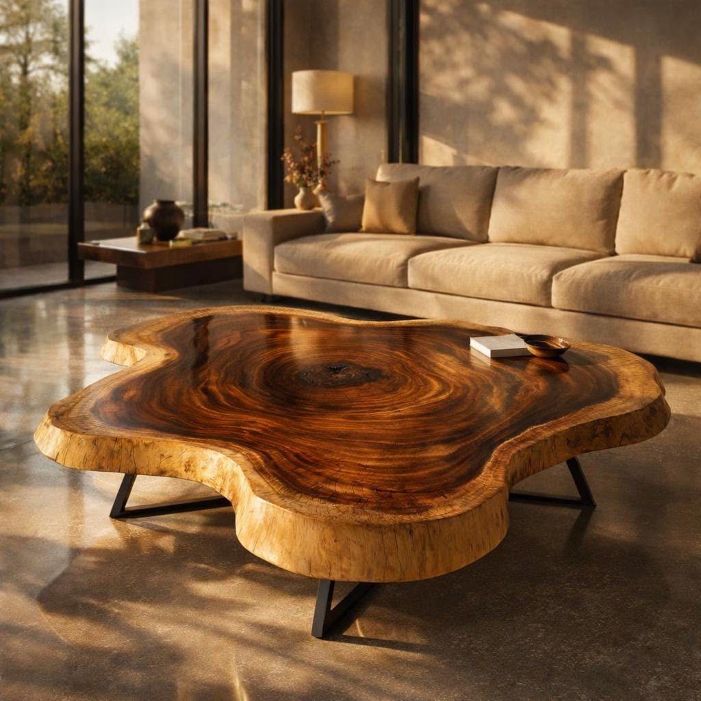Live edge coffee table handcrafted from a single acacia wood slab