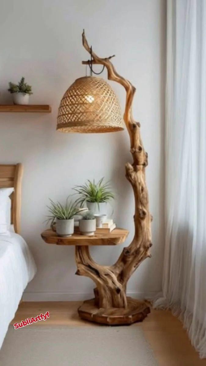 Designer handcrafted wooden floor lamp with sculptural base